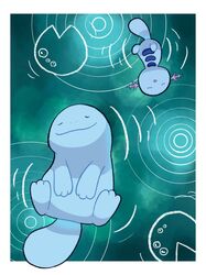  :o afloat animal_focus blue_skin border closed_eyes closed_mouth colored_skin commentary_request evolutionary_line from_above joltik_0425 no_humans open_mouth outside_border pokemon pokemon_(creature) quagsire ripples smile tail water white_border wooper 