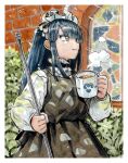  1girl absurdres black_dress black_hair blunt_bangs broom coffee coffee_mug collar cup detached_collar dress eudetenis frilled_collar frills green_eyes highres holding holding_broom holding_cup long_hair maid maid_headdress marker_(medium) mug original outdoors shirt solo traditional_media white_shirt winter 