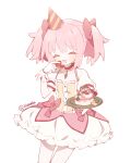  1girl :d bow bubble_skirt cake chest_jewel closed_eyes cowboy_shot food fruit gloves hair_bow hat highres holding holding_food holding_fruit holding_plate kaname_madoka looking_at_viewer mahou_shoujo_madoka_magica mahou_shoujo_madoka_magica_(anime) open_mouth party_hat pink_bow pink_hair plate roro_(lolo) short_twintails simple_background skirt smile solo strawberry twintails white_background white_gloves 