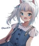  1girl :d animal_ears blue_dress blue_eyes blue_hair cat_ears commentary cube_hair_ornament dress english_commentary gawr_gura gawr_gura_(casual) grey_hair hair_ornament hololive hololive_english kaxukin long_hair looking_at_viewer multicolored_hair official_alternate_costume sharp_teeth shirt short_sleeves side_ponytail simple_background sleeveless sleeveless_dress smile solo streaked_hair teeth twitter_username virtual_youtuber white_background white_shirt 