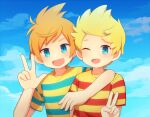  0mzum1 2boys :d ;d aqua_shirt arm_around_shoulder blonde_hair blue_eyes blue_sky blush brothers claus_(mother_3) clouds commentary_request day fang hand_up looking_at_viewer lucas_(mother_3) male_focus mother_(game) mother_3 multiple_boys one_eye_closed open_mouth orange_hair outdoors parted_bangs quiff red_shirt shirt short_hair short_sleeves siblings sky smile striped_clothes striped_shirt t-shirt two-tone_shirt upper_body v v-shaped_eyebrows w yellow_shirt 