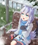  1girl absurdres ahoge animal_ear_fluff animal_ears bench black_gloves black_thighhighs blue_scarf braid can coat commentary_request earrings fox_ears fox_girl fox_tail gloves green_eyes hair_between_eyes highres holding holding_can hololive jewelry long_hair outdoors scarf shirakami_fubuki shiranami sidelocks single_braid single_thighhigh sitting solo tail thigh-highs thigh_strap twitter_username virtual_youtuber white_coat white_hair 