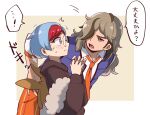  1boy 1girl arven_(pokemon) black_hoodie blue_hair blush brown_hair glasses grey_eyes hair_over_one_eye highres hood hoodie light_brown_hair long_hair multicolored_hair naranja_academy_school_uniform necktie open_clothes open_mouth open_vest orange_necktie penny_(pokemon) pokemon pokemon_sv redhead round_eyewear school_uniform shinanan_(s7nnr) shirt short_hair speech_bubble two-tone_hair vest 