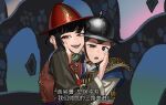  2girls :d :o black_hair brigandine_(armor) brown_eyes china hand_on_another&#039;s_cheek hand_on_another&#039;s_face helmet highres holding_another&#039;s_head hug imjin_war joseon_dynasty korea military ming_dynasty multiple_girls open_mouth original pzkpfwi smile teeth 