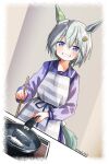  1girl animal_ears apron blue_eyes blush chopsticks collarbone cooking fish food frying_pan grey_hair grin hair_between_eyes hair_ornament highres holding holding_chopsticks holding_frying_pan horse_ears horse_girl horse_tail kotojima_motoki looking_at_viewer medium_hair school_uniform seiun_sky_(umamusume) simple_background smile solo tail tracen_school_uniform umamusume 