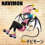  blue_hair d_sandy demon demon_girl digimon digimon_(creature) floating gloves hat highres looking_at_viewer navimon red_eyes short_hair smile tail 