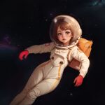  1girl astronaut blue_eyes brown_hair flat_chest helmet loli mecs_warlock original outdoors science_fiction short_hair solo space star_(sky) 