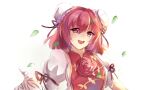  1girl breasts double_bun flower hair_between_eyes hair_bun hair_ribbon highres ibaraki_kasen juliet_sleeves kayu_(553917372) long_sleeves looking_at_viewer medium_hair open_mouth pink_eyes pink_flower pink_hair pink_rose puffy_sleeves red_ribbon ribbon rose simple_background sleeve_ribbon small_breasts solo teeth touhou upper_body upper_teeth_only white_background 