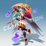  1girl black_headwear buzzsaw_(6631455) commission green_hair grey_hair halloween_costume helmet long_hair mega_man_(series) mega_man_x_(series) mega_man_x_dive mega_man_zx official_alternate_costume orange_umbrella pandora_(mega_man) pumpkin_print red_eyes smile solo watermark wings 