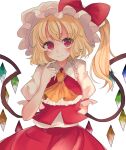  1girl ascot blush bow closed_mouth collared_shirt finger_to_mouth flandre_scarlet frilled_ascot frilled_shirt_collar frills hat hat_bow head_tilt highres hyaku_paasento light_smile looking_at_viewer mob_cap multicolored_wings puffy_short_sleeves puffy_sleeves red_bow red_eyes red_ribbon red_skirt red_vest ribbon shirt short_sleeves simple_background skirt skirt_set sleeve_ribbon solo touhou vest white_background white_headwear white_shirt wings yellow_ascot 