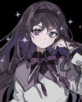  1girl :&lt; akemi_homura black_background black_hairband blush brown_hair cape collared_shirt colored_inner_hair hair_between_eyes hair_intakes hairband hand_in_own_hair hand_up highres inu_totemo long_sleeves looking_at_viewer mahou_shoujo_madoka_magica multicolored_hair neck_ribbon purple_cape purple_hair purple_ribbon ribbon shirt sidelocks simple_background solo sparkle two-tone_hair upper_body v-shaped_eyebrows violet_eyes white_shirt 