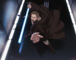  0109_(artist) 1boy beard blue_lightsaber brown_cloak brown_footwear brown_hair cloak energy_sword facial_hair fighting_stance hallway highres holding_lightsaber jedi lightsaber obi-wan_kenobi outstretched_arm solo soresu star_wars sword weapon 