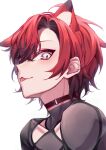  1boy :3 animal_ears black_choker black_hair cat_boy cat_ears choker from_side hair_between_eyes highres holostars holostars_english jacket kumaaa_yay looking_at_viewer machina_x_flayon male_focus multicolored_hair portrait redhead short_hair slit_pupils solo tongue tongue_out two-tone_hair unworn_jacket virtual_youtuber white_background 