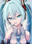  1girl :d bare_shoulders black_sleeves blue_eyes blue_hair blue_nails blue_necktie breasts collared_shirt detached_sleeves fang frilled_shirt frills grey_shirt hair_intakes hair_ornament hand_on_headwear hatsune_miku head_tilt headset highres long_hair long_sleeves looking_at_viewer medium_breasts microphone naguno-0713 nail_polish necktie number_tattoo open_mouth shirt sidelocks signature sleeveless sleeveless_shirt smile solo tattoo teeth twintails upper_body vocaloid wing_collar 