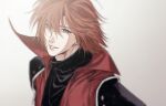  1boy absurdres armor black_shirt blurry brown_hair chest_strap coat commentary crisis_core_final_fantasy_vii depth_of_field final_fantasy final_fantasy_vii genesis_rhapsodos gradient_background grey_eyes happy high_collar highres looking_at_camera male_focus pauldrons red_coat roku_(gansuns) shirt shoulder_armor smile solo turtleneck twitter_username upper_body 