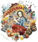  1girl alcohol beer beer_mug blue_shirt boots clouds commentary cup food fork green_hair hat head_scarf highres holding holding_cup knife long_nose long_skirt looking_at_viewer makino_(one_piece) meat monkey_d._luffy mug nami_(one_piece) newspaper noise_pp one_piece orange_headwear ponytail portgas_d._ace roronoa_zoro sabo_(one_piece) sanji_(one_piece) shirt sidelocks skirt smile solo straw_hat striped_clothes striped_shirt tony_tony_chopper usopp vertical-striped_clothes vertical-striped_shirt windmill 