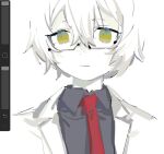  1boy benjamin_(project_moon) black_shirt blending closed_mouth coat collared_shirt glasses green_eyes highres lab_coat lobotomy_corporation looking_at_viewer meijiichigo necktie portrait project_moon red_necktie shirt simple_background solo white_background white_coat white_hair wing_collar 