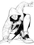 1boy animal_print bodysuit drawstring full_body gegegekman greyscale hand_on_ground highres hood hood_up hooded_jacket insignia jacket long_sleeves male_focus marvel mask miles_morales monochrome on_one_knee shoes shorts sneakers solo spandex spider-man:_into_the_spider-verse spider-man_(series) spider-verse spider_print superhero superhero_landing white_background