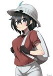  1girl backpack bag black_gloves black_hair breasts closed_mouth cowboy_shot gloves grey_eyes helmet highres kaban_(kemono_friends) kemono_friends kumasan_(kumazonjp) medium_breasts pith_helmet red_shirt shirt simple_background smile solo twitter_username white_background white_bag 