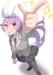  1girl ahoge animal_ears black_footwear blush breasts clenched_teeth collared_shirt finger_gun floating_hair foot_out_of_frame foreshortening from_above full_body grey_skirt grey_suit highres large_breasts long_hair looking_up miniskirt open_mouth perspective pointing pointing_up purple_hair rabbit_ears rabbit_girl rabbit_tail red_eyes red_tie reisen_udongein_inaba shadow shirt simple_background skirt sobayu_to_tenpura solo sparkle suit tail teeth thigh-highs touhou very_long_hair white_background white_shirt 