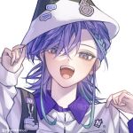  1boy blue_hair eyelashes facing_viewer gradient_hair hair_between_eyes hat holostars light_blush long_hair looking_at_viewer male_focus minase_rio multicolored_hair multiple_necklaces open_mouth portrait purple_hair solo twitter_username violet_eyes virtual_youtuber white_background yu_yu_(yuyuuuu99550771) 