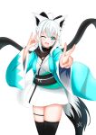  1girl absurdres ahoge animal_ear_fluff animal_ears black_thighhighs braid commentary_request cosplay earrings fate/grand_order fate_(series) fox_ears fox_girl fox_shadow_puppet fox_tail green_eyes hair_between_eyes highres hololive jewelry long_hair looking_at_viewer okita_souji_(fate) okita_souji_(koha-ace) okita_souji_(koha-ace)_(cosplay) one_eye_closed pentagram shirakami_fubuki sidelocks simple_background single_braid solo tail thigh-highs thigh_strap user_tduh5752 v virtual_youtuber white_background white_hair 