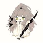  1girl black_footwear brown_hair chibi coat glasses green_eyes half_updo holding holding_weapon jacket library_of_ruina long_hair looking_at_viewer meijiichigo mirinae_(project_moon) project_moon shoes simple_background solo very_long_hair weapon white_background white_coat white_jacket 