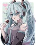  1girl :t bare_shoulders black_sleeves blue_eyes blue_hair blue_necktie blush border breasts candy chewing chocolate closed_mouth collared_shirt detached_sleeves english_commentary food frilled_shirt frills from_side green_background grey_shirt hair_between_eyes hair_ornament hand_up hatsune_miku headset heart heart-shaped_chocolate highres holding holding_chocolate holding_food large_breasts long_hair long_sleeves looking_at_viewer microphone multicolored_hair naguno-0713 necktie number_tattoo pink_hair shirt sidelocks simple_background sleeveless sleeveless_shirt solo tattoo tented_shirt tie_clip twintails two-tone_hair upper_body very_long_hair vocaloid white_border 