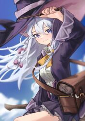  1girl absurdres bag blue_eyes blue_sky braid breasts broom broom_riding closed_mouth clouds collared_shirt donats elaina_(majo_no_tabitabi) hair_between_eyes hair_ribbon hat highres holding holding_wand long_hair looking_at_viewer majo_no_tabitabi necktie pink_ribbon purple_robe ribbon robe scroll shirt shoulder_bag single_braid sky small_breasts smile solo very_long_hair wand white_hair white_shirt witch witch_hat yellow_necktie 