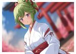  1girl :o blurry blurry_background breasts commentary day depth_of_field english_commentary genshin_impact green_hair hakama highres japanese_clothes kaxukin kimono kuki_shinobu looking_at_viewer parted_lips ponytail red_hakama ribbon-trimmed_sleeves ribbon_trim small_breasts solo torii twitter_username upper_body violet_eyes white_kimono 