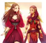  2girls absurdres bad_source bracelet braid breasts brown_hair cleavage_cutout clothing_cutout commission commissioner_upload dorothea_arnault fire_emblem fire_emblem:_three_houses fire_emblem_warriors:_three_hopes gao_kawa green_eyes highres holding_hands jewelry looking_at_another medium_breasts multiple_braids multiple_girls navel petra_macneary purple_hair skeb_commission yuri 