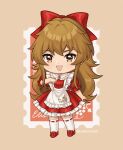  1girl apron bow brown_eyes brown_hair chibi commentary dress elise_liedl green_brooch hair_bow highres little_goody_two_shoes long_hair lydia_(thesoundoffreedom) red_bow red_dress ribbon-trimmed_socks smile solo symbol-only_commentary white_apron 