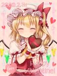  1girl ascot blonde_hair blush bow box brooch closed_eyes closed_mouth commentary_request crystal dated drill_hair flandre_scarlet flying_sweatdrops frilled_shirt_collar frills hair_between_eyes hair_bow hands_up happy happy_valentine hat heart heart-shaped_box highres holding holding_box jewelry looking_at_viewer medium_hair mob_cap nagisa_shizuku nervous one_side_up pink_background puffy_short_sleeves puffy_sleeves red_bow red_eyes red_skirt red_vest shirt short_sleeves simple_background skirt solo touhou upper_body valentine vest white_headwear white_shirt wings wrist_cuffs yellow_ascot 