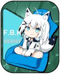  1girl ahoge animal_ear_fluff animal_ears braid chair chibi commentary_request fox_ears fox_girl fox_tail gaming_chair green_eyes hair_between_eyes hair_ornament hairclip highres hololive indian_style jacket kokott long_hair looking_at_viewer pentagram shirakami_fubuki shirakami_fubuki_(fubukitek) sidelocks single_braid sitting solo swivel_chair tail virtual_youtuber white_hair white_jacket 