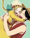  1boy 1girl ^_^ affectionate apis_(one_piece) black_hair braid braided_ponytail closed_eyes green_background green_ribbon hat highres hug mayo_may63 monkey_d._luffy one_piece red_shirt ribbon scar scar_on_face shirt short_hair sidelocks sleeveless sleeveless_shirt smile straw_hat tunic yellow_tunic 