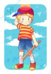  0mzum1 1boy arm_behind_head arm_up baseball_bat baseball_cap blonde_hair blue_background blue_eyes blue_shorts blue_sky blush blush_stickers border closed_mouth clouds commentary_request grass hat highres holding holding_baseball_bat looking_at_viewer lucas_(mother_3) male_focus mother_(game) mother_3 outside_border red_footwear red_headwear red_shirt shirt shoes short_hair short_sleeves shorts sideways_hat simple_background sky smile socks solo standing striped_clothes striped_shirt sun t-shirt triangle two-tone_shirt white_border white_socks yellow_shirt 