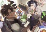  2boys animal_ears apron aragami_oga bishounen black_hair character_doll dark-skinned_male dark_skin earrings eating etaryu496a eyepatch fangs food from_above fumo_(doll) green_eyes highres holostars horns ice_cream interior jackal_boy jackal_ears jewelry kageyama_shien looking_at_viewer looking_up mafia_(holostars) male_focus multicolored_hair multiple_boys pancake sandwich shirt short_hair single_earring single_horn sundae tongue tongue_out two-tone_hair virtual_youtuber waist_apron waiter white_hair white_shirt yellow_eyes 