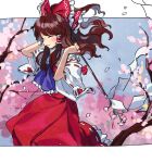  1girl arms_up ascot blue_ascot blush bow branch brown_hair cherry_blossoms closed_eyes closed_mouth collared_shirt detached_sleeves frilled_bow frilled_hair_tubes frilled_shirt_collar frills from_side gohei hair_bow hair_tubes hakurei_reimu highres holding holding_gohei kaigen_1025 long_hair multiple_hair_bows outside_border red_bow red_shirt red_skirt ribbon-trimmed_skirt ribbon-trimmed_sleeves ribbon_trim shirt sidelocks skirt sky sleeveless sleeveless_shirt smile solo touhou white_sleeves 