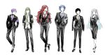  3boys 3girls angela_(project_moon) binah_(project_moon) black_hair black_jacket black_pants blue_hair blue_necktie chesed_(project_moon) full_body gebura_(project_moon) green_hair green_necktie highres isamu_(gaioo0303) jacket lobotomy_corporation long_hair long_sleeves medium_hair multicolored_hair multiple_boys multiple_girls necktie netzach_(project_moon) one_side_up pants project_moon purple_necktie red_necktie redhead short_hair simple_background streaked_hair very_long_hair white_background yesod_(project_moon) 