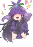  1girl black_gloves black_hair blush commentary_request covered_eyes cropped_torso facing_viewer flower gloves hair_flower hair_ornament heart highres long_hair open_mouth own_hands_clasped own_hands_together purple_shirt purple_veil shirt simple_background smile sobayu_to_tenpura solo sparkle teeth touhou upper_teeth_only veil white_background yomotsu_hisami 