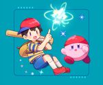  0mzum1 1boy :d backpack bag baseball_bat baseball_cap black_hair blue_background blue_eyes blue_shirt blue_shorts blush blush_stickers brown_bag commentary_request hair_between_eyes hands_up hat holding holding_baseball_bat index_finger_raised kirby kirby_(series) mother_(game) mother_2 ness_(mother_2) open_mouth red_footwear red_headwear shirt shoes short_hair short_sleeves shorts sideways_hat simple_background smile socks sparkle striped_clothes striped_shirt super_smash_bros. t-shirt two-tone_shirt violet_eyes white_socks yellow_shirt 