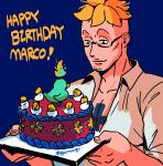  1boy absurdres blonde_hair blue_background cake commentary_request food ggamwagu glasses goatee_stubble happy_birthday highres holding holding_plate male_focus marco_(one_piece) one_piece plate shirt short_hair simple_background smile solo upper_body white_shirt 