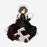  1boy black_dress blood blood_on_clothes brown_hair cigarette cross cross_necklace crossdressing crossed_legs denis_(project_moon) dress hair_over_one_eye hand_up highres jewelry library_of_ruina long_sleeves maid maid_headdress male_focus medium_hair meijiichigo necklace project_moon simple_background sitting smoke solo white_background yellow_eyes 