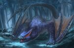  absurdres beak claws dragon forest highres monster monster_hunter_(series) nargacuga nasuno_posi nature no_humans open_mouth outdoors sharp_teeth spikes tail teeth wyvern yellow_eyes 