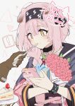  ! 1girl 1other ? arknights black_gloves bouquet cake eating flower food fork gloves goldenglow_(arknights) hairband happy_birthday infection_monitor_(arknights) lightning_bolt_symbol pink_hair solo_focus speech_bubble spoken_question_mark tsuyuki_yuki yellow_eyes 