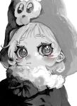  1girl absurdres animal_hood blush closed_mouth curecatechin highres hood looking_at_viewer monochrome original ribbon solo white_background 