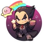  1boy black_coat black_footwear black_hair blush_stickers chibi clenched_hand closed_mouth coat full_body grey_jacket grey_pants jacket kirby kirby_(series) kotorai long_sleeves looking_at_viewer male_focus mishima_kazuya necktie no_nose open_mouth pants rainbow red_eyes red_necktie scar scar_on_cheek scar_on_face signature smile star_(symbol) star_rod super_smash_bros. tekken thick_eyebrows v-shaped_eyebrows warp_star 