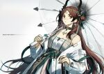  1girl arknights brown_hair earrings five-fall hair_ornament holding holding_umbrella horns jacket jewelry jieyun_(arknights) long_hair looking_at_viewer necklace ribbon umbrella white_jacket yellow_eyes 