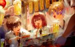  1girl 2boys alcohol beer beer_mug brown_eyes brown_hair cup eating food food_stand grill highres holding holding_skewer light_brown_hair mug multiple_boys open_mouth original red_eyes redhead saihate_(d3) skewer smile yakitori 