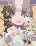  3girls angel angel_wings animal_ears apron aurochs_(kemono_friends) black_eyes black_hair boots bow bowtie cow_ears cow_girl cow_tail extra_ears gloves green_hair highres holstein_friesian_cattle_(kemono_friends) horns kemono_friends kunikuni_(kunihiro2005) long_hair multiple_girls pantyhose shirt simple_background skirt tail white_hair wings yak_(kemono_friends) yellow_background 